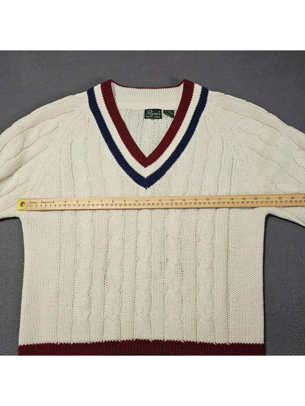 Vintage Pogue's Menstore Small 1970s Cable Knit Sweater Red White Blue Preppy